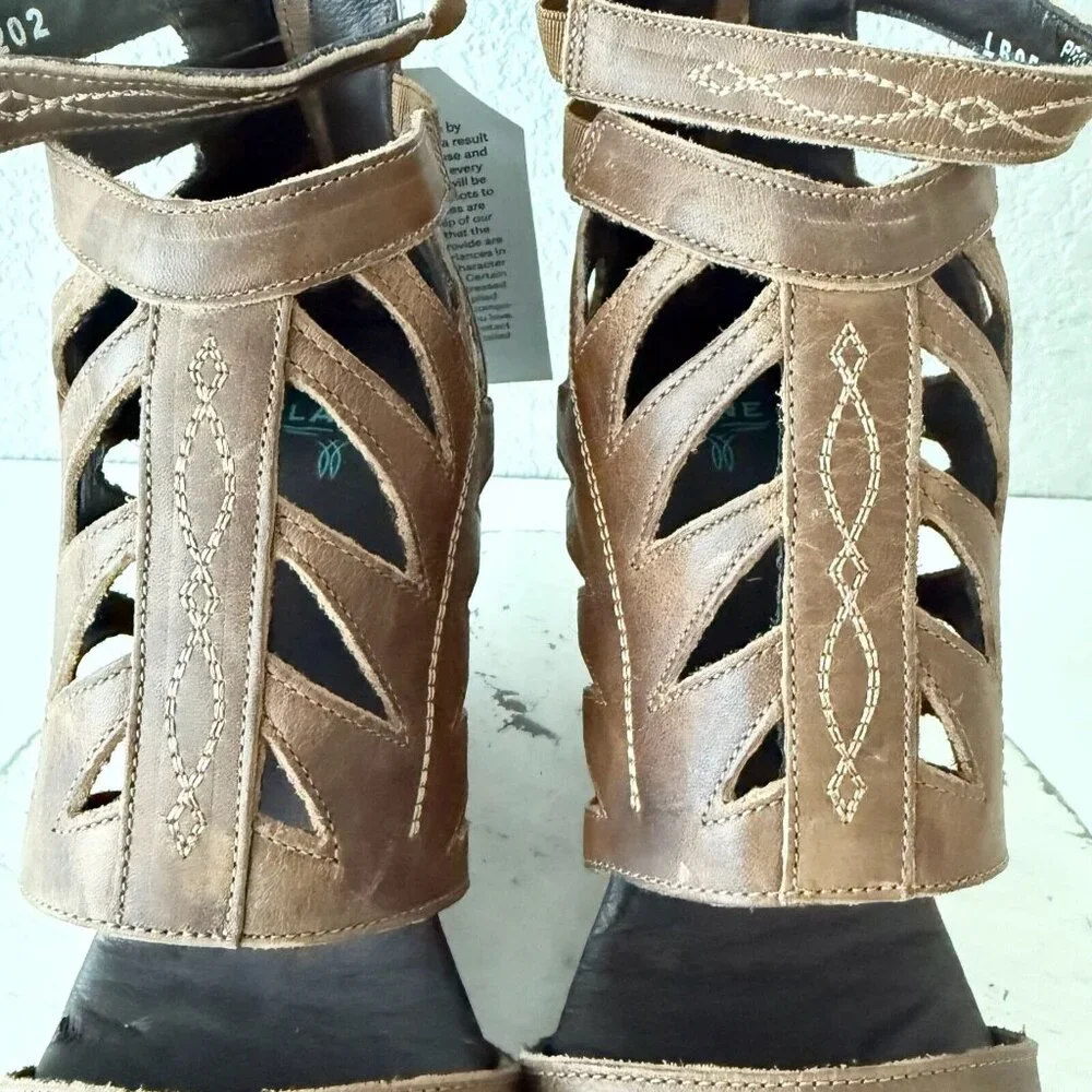 NEW Lane Boots BECCA Womens Brown Wedges Sz 9.5 Western Sandals Cowgirl Leather - Picture 7 of 12